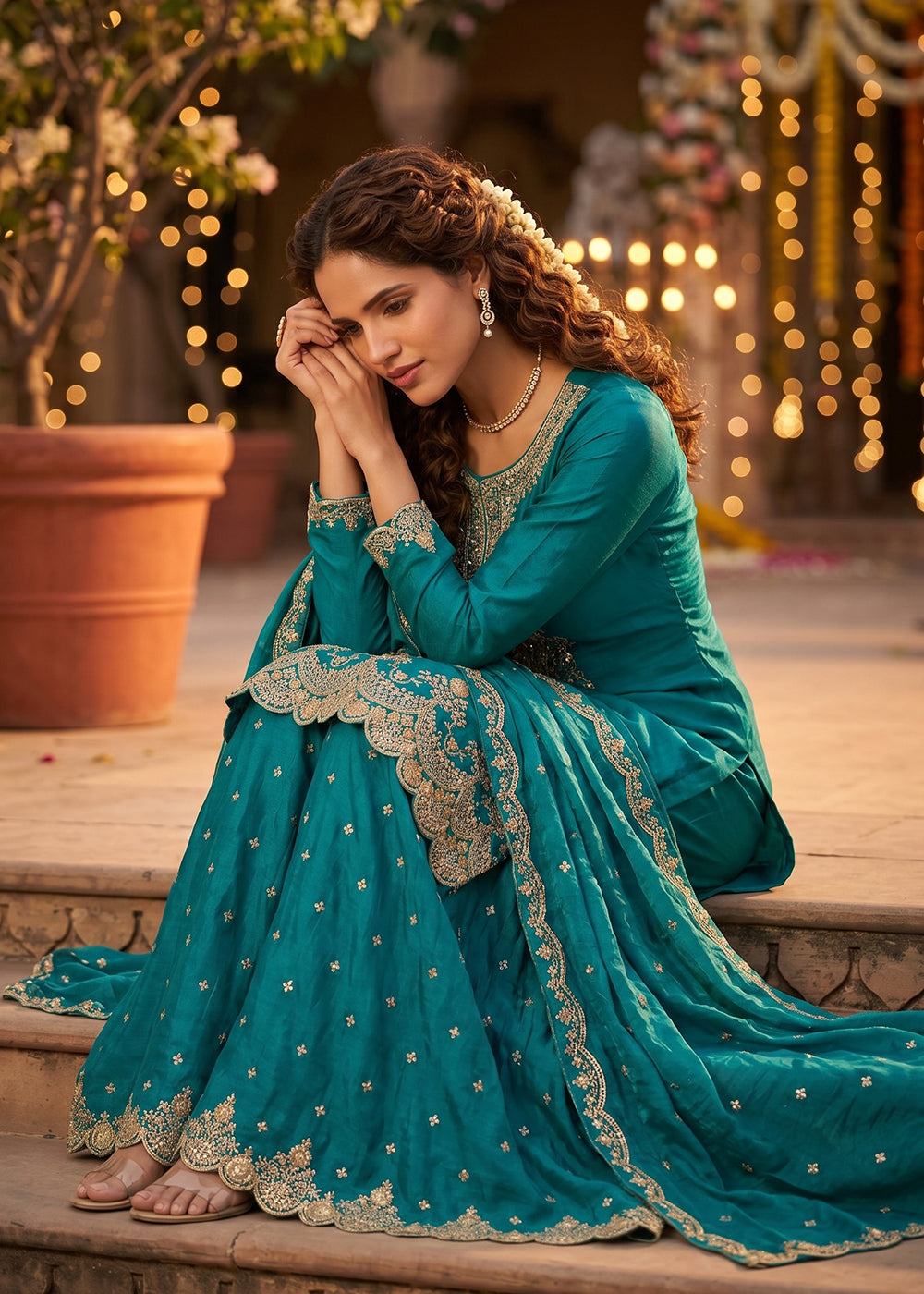 Peacock Blue Tora Silk Embroidered With Palazzo