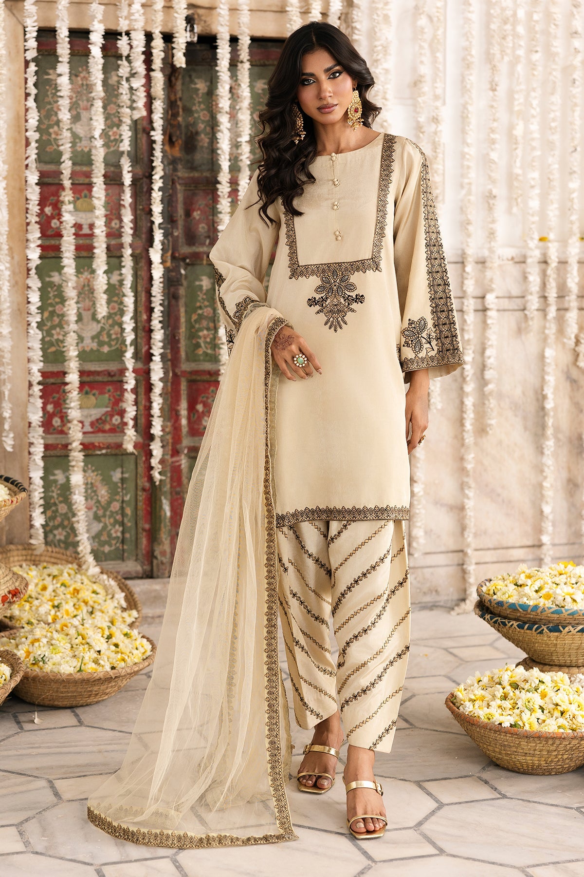 3-PC Embroidered Raw-Silk Suit By Charizma