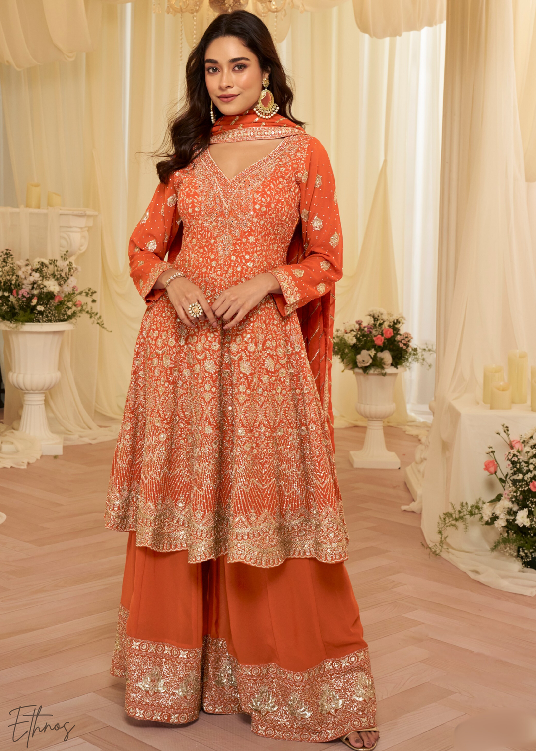 Orange Georgette Embroidered Anarkali Suit Set