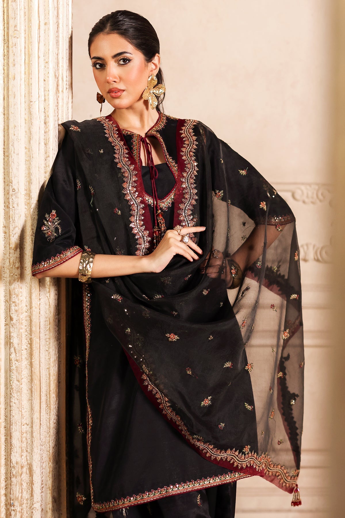 3-PC Embroidered Raw-Silk Suit by Charizma