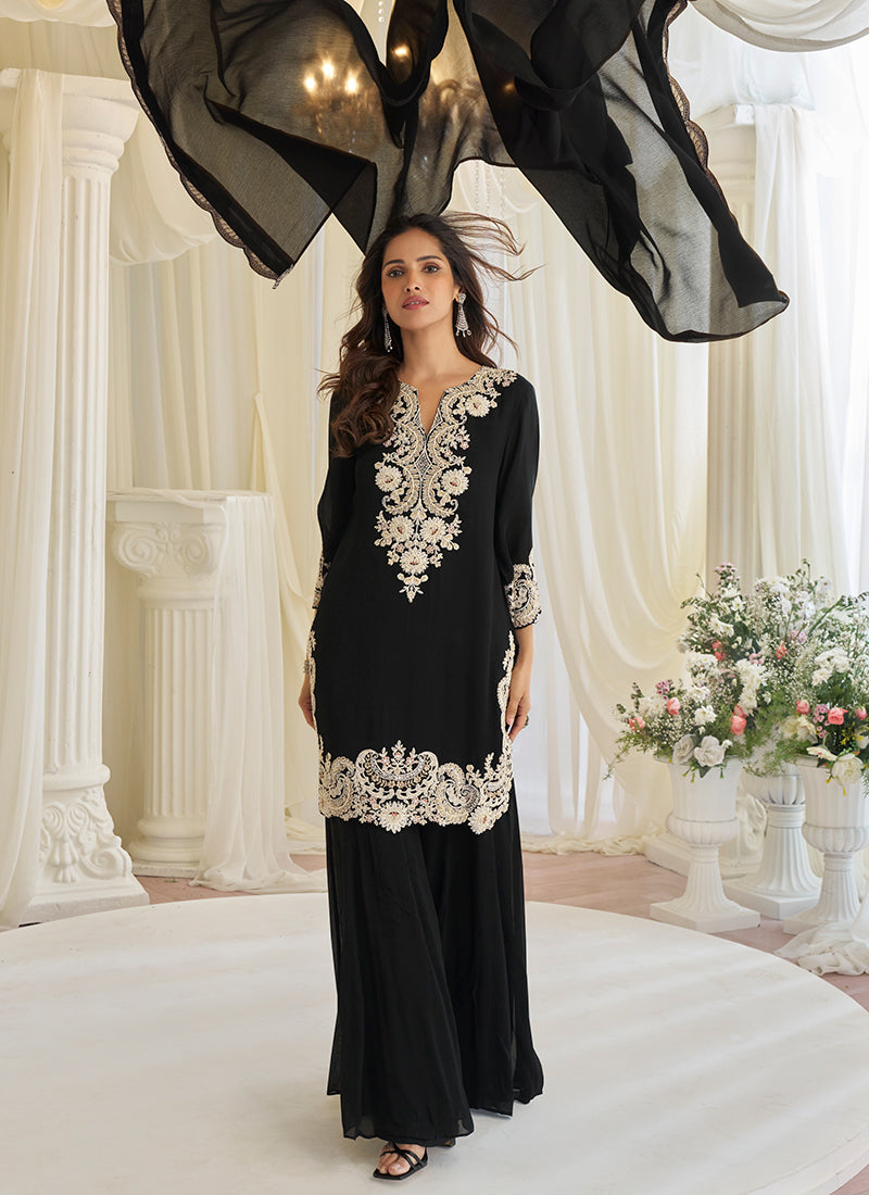 Black Chinon Silk Embroidery Work Festival wear Salwar Suit