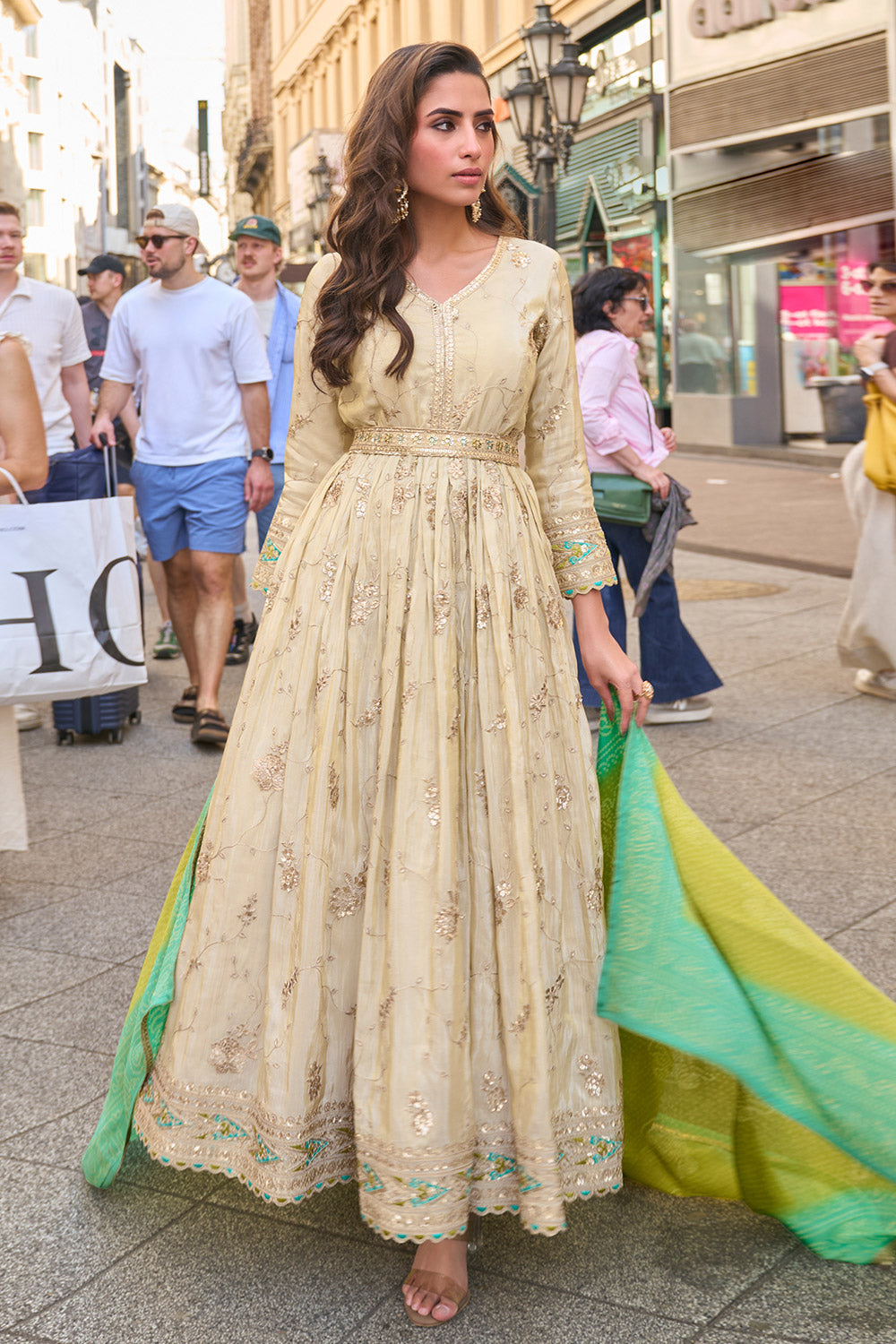 Ivory Soft Tissue Silk Anarkali Dress with Green & Aqua Bandhani Dupatta