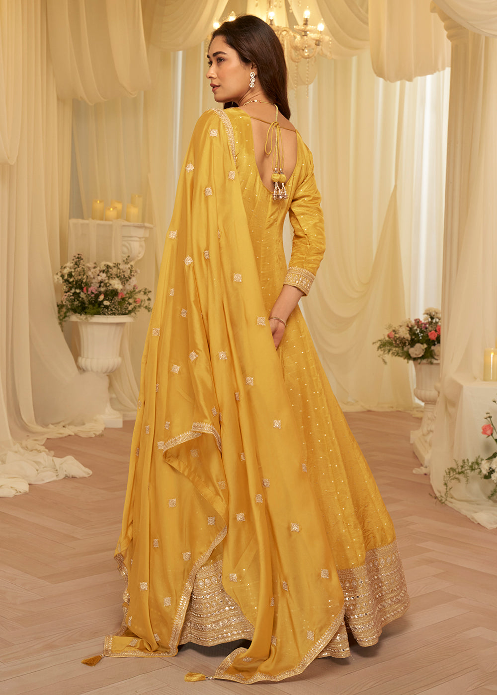 Yellow Viscose Jacquard Silk With Embroidery Work Anarkali Suit