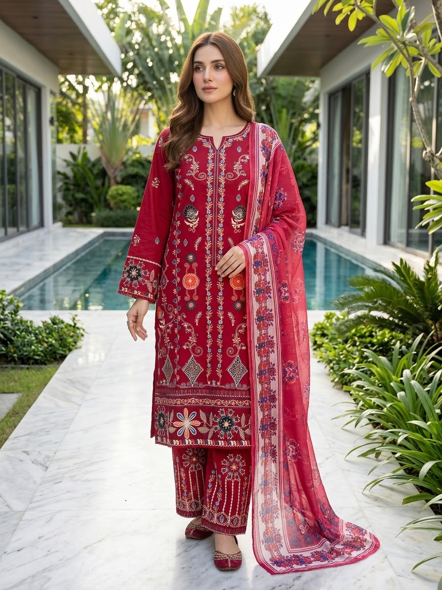 Bin Saeed Luxury Embroidered Lawn With Chiffon Dupatta