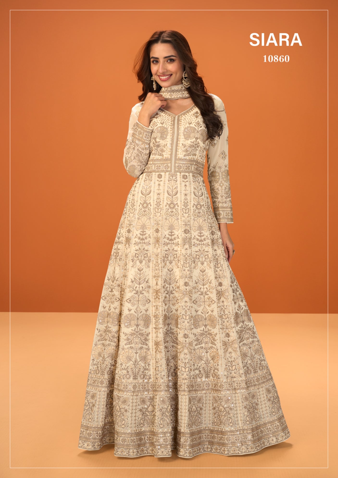 Cream Premium Embroidered Georgette Anarkali Suit