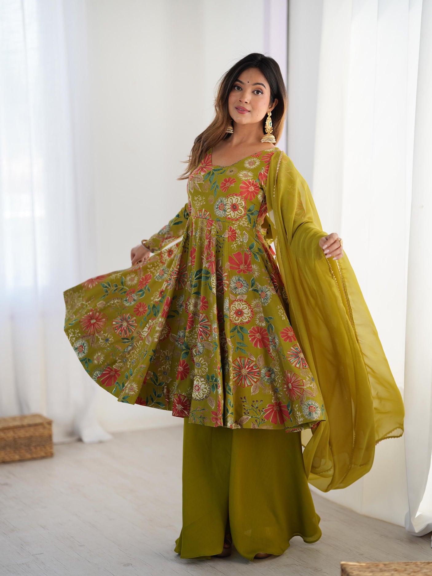 Mehndi Color Raman silk Printed Plazzo Suit