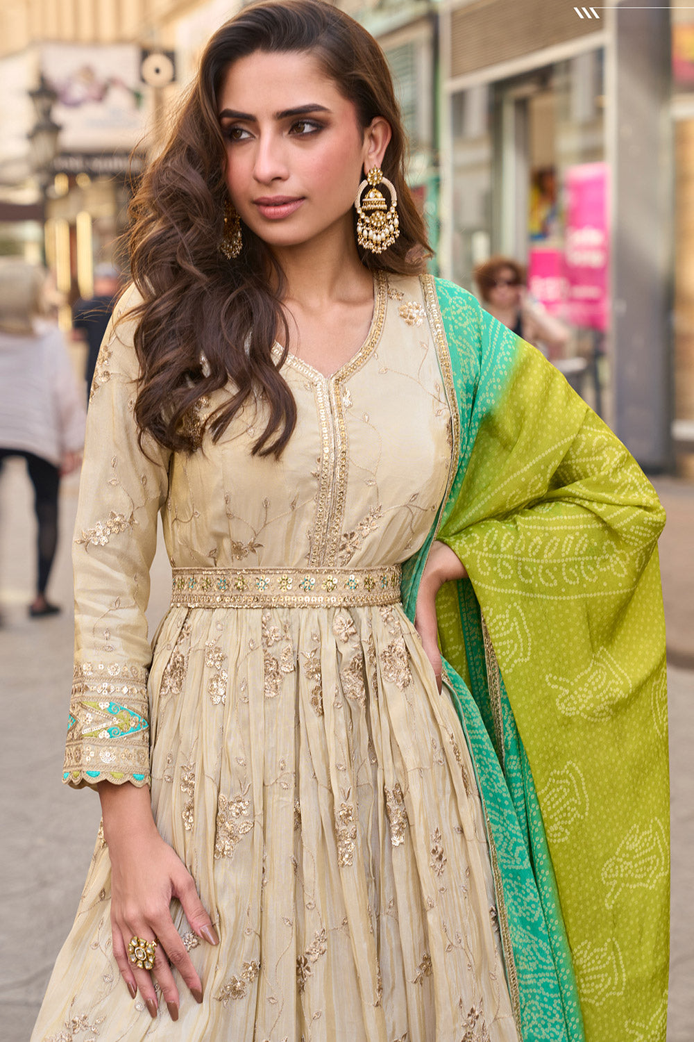 Ivory Soft Tissue Silk Anarkali Dress with Green & Aqua Bandhani Dupatta