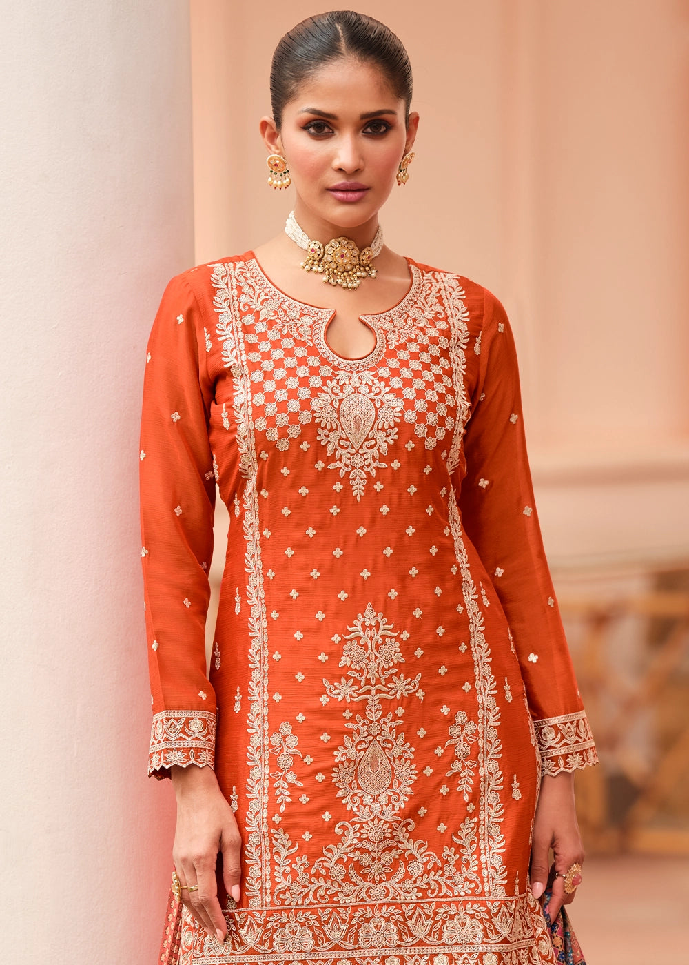 Tiger Orange Embroidered Chinon Silk Kurta