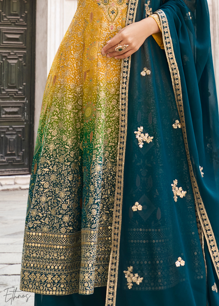 Blue & Mustard Jacquard Silk Palazzo Suit