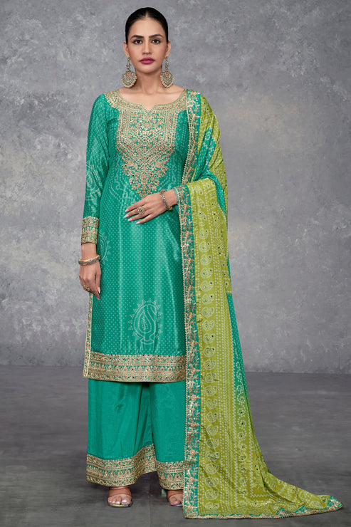 Green Chinon Suit With Bandhej Print