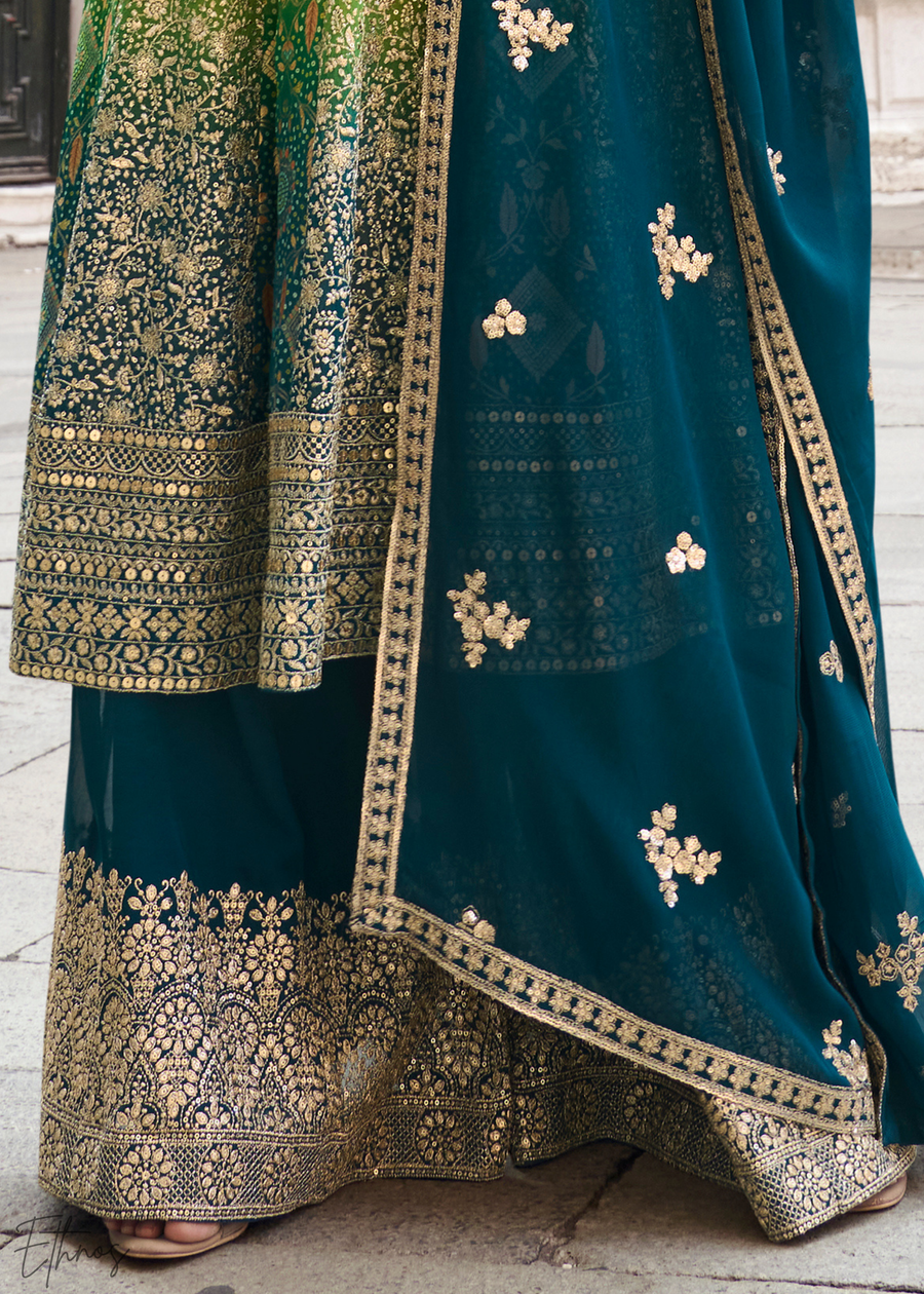 Blue & Mustard Jacquard Silk Palazzo Suit