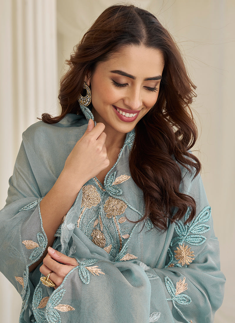 Light Blue Chinon Silk Embroidery Work Festival wear Salwar Suit