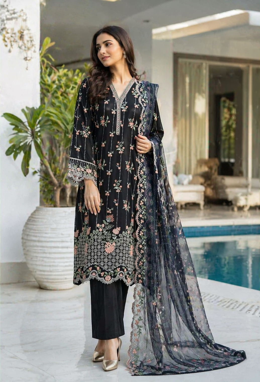 Bin Saeed Luxury Embroidered Lawn With Chiffon Dupatta