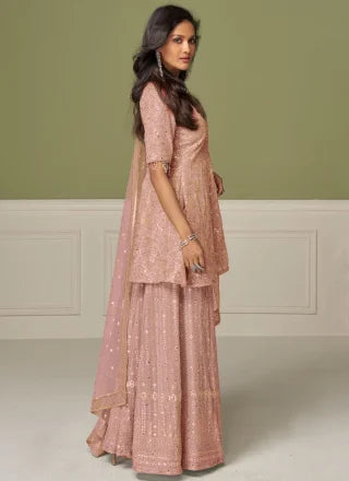 Dusty Rose Georgette Embroidered Palazzo Suit
