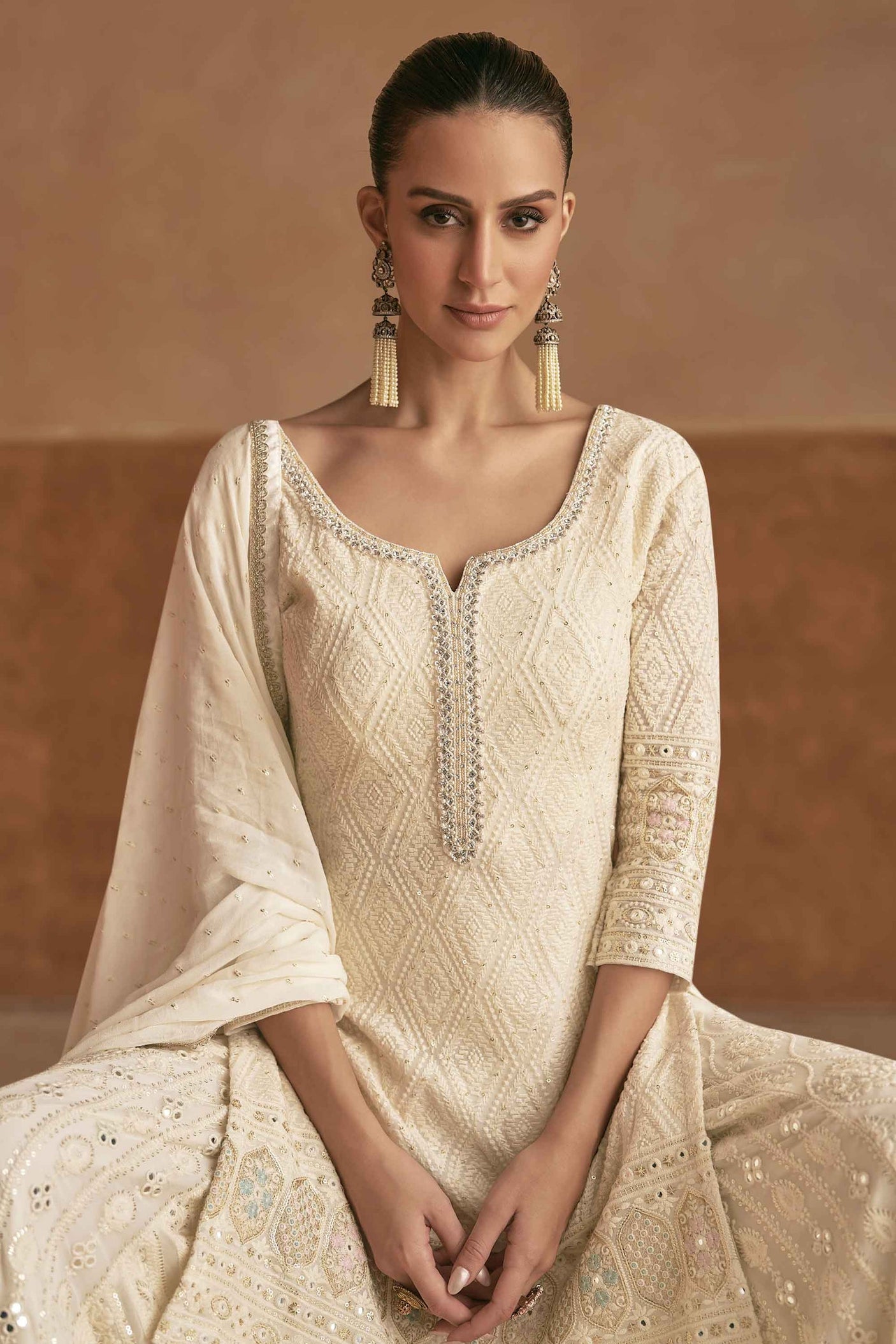 Traditional Off White Embroidered Georgette Palazzo Dress