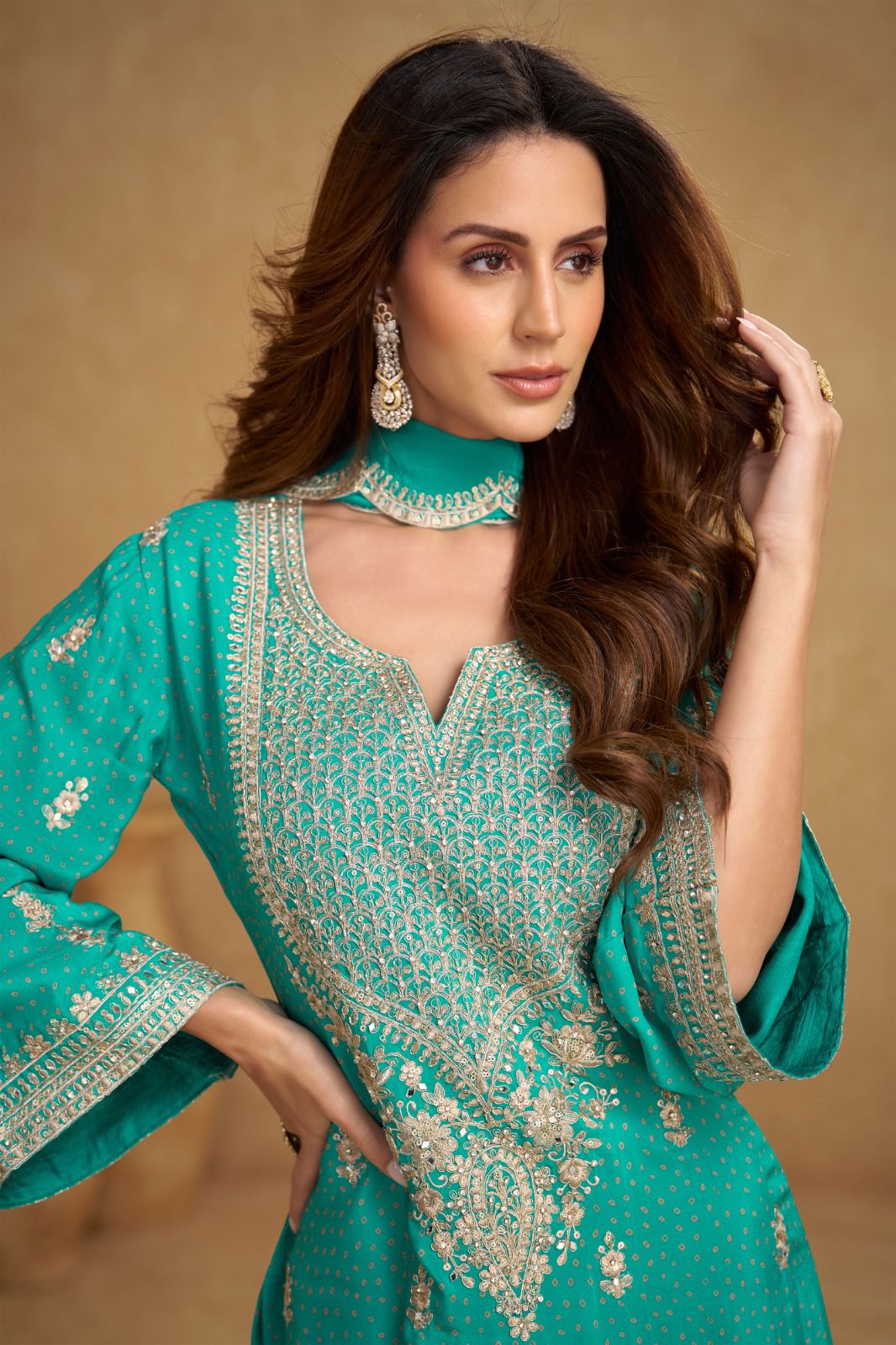 Sky Blue Chinon Palazzo Suit
