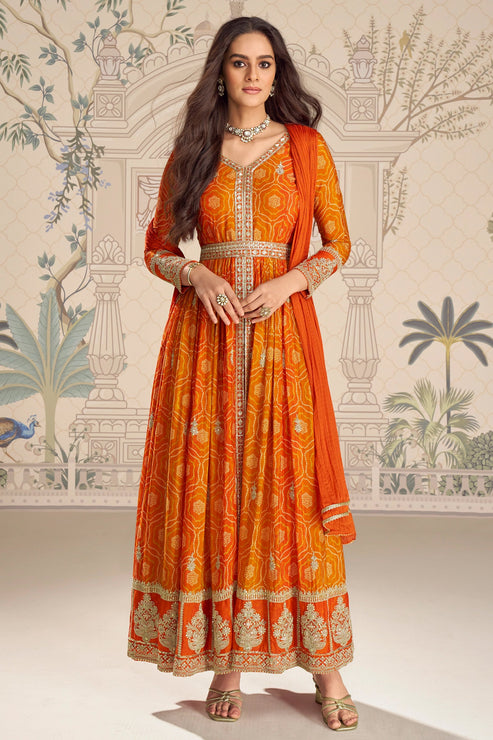 Orange Embroidered Chinon Silk Suit
