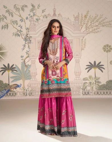 Embroidered Crepe Kurti With Plazzo & Dupatta