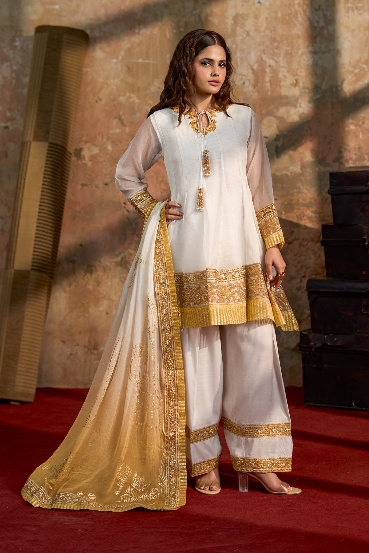3-PC Embroidered Raw-Silk Suit By Charizma