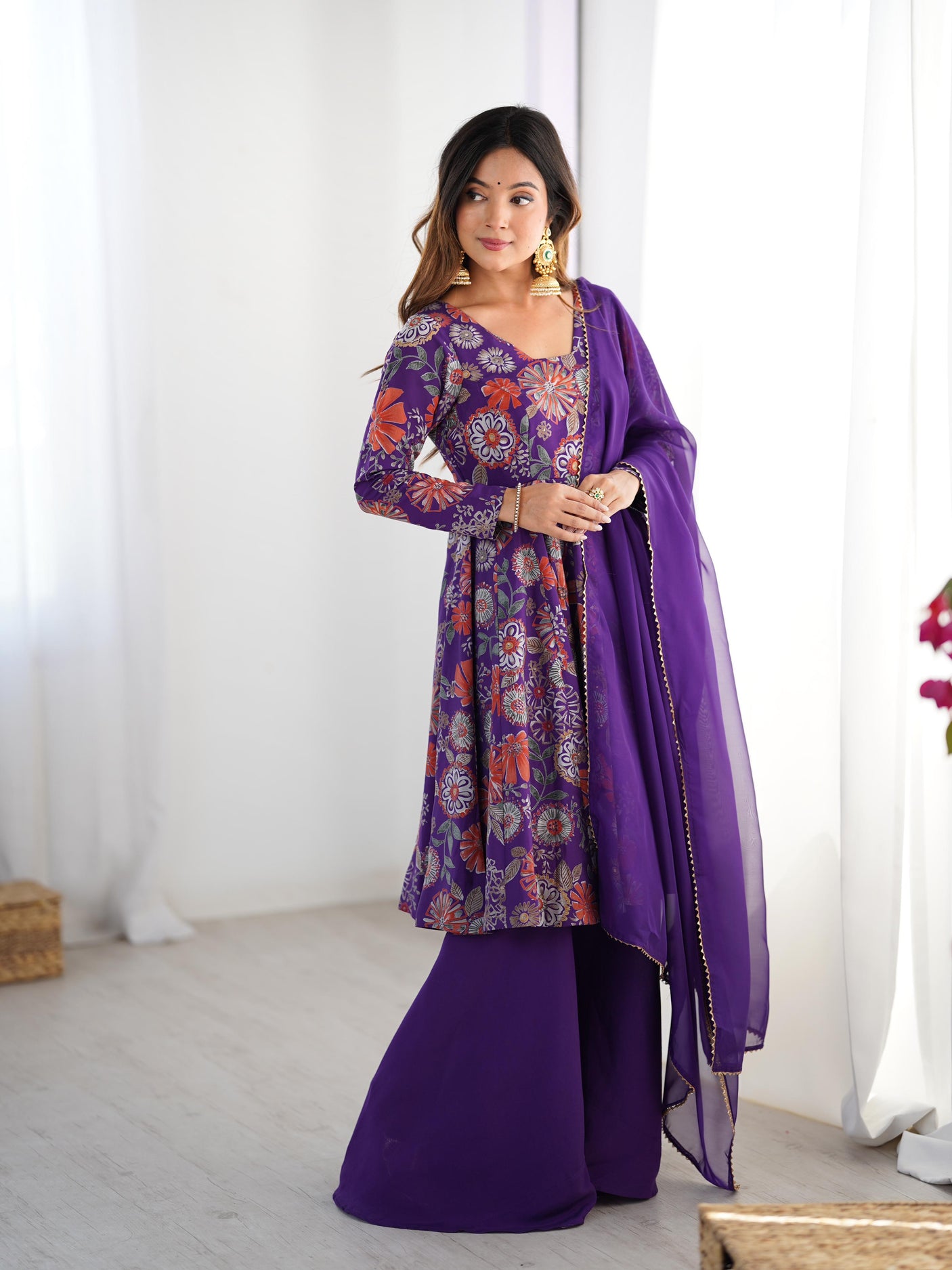 Purple Elegant Roman Silk Chanderi Kediya Kurta Set with Dupatta & Palazzo