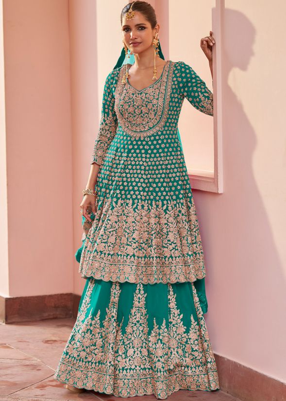 Turquoise Georgette Kurti Lehenga With Zari Detail