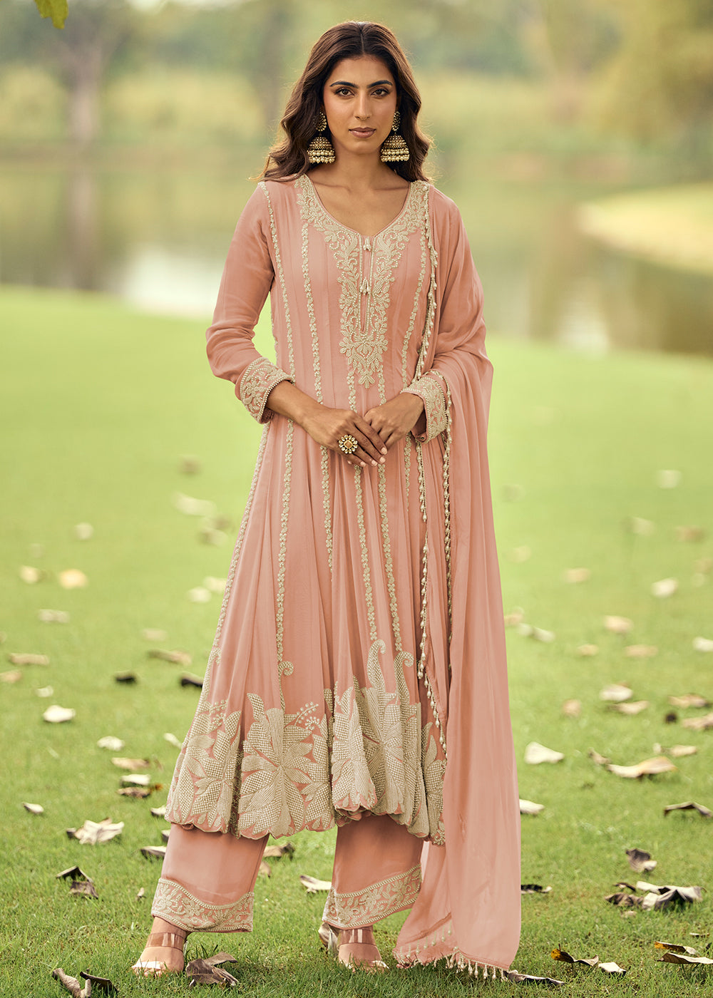 Real Georgette Pink Anakali Style Pant Suit