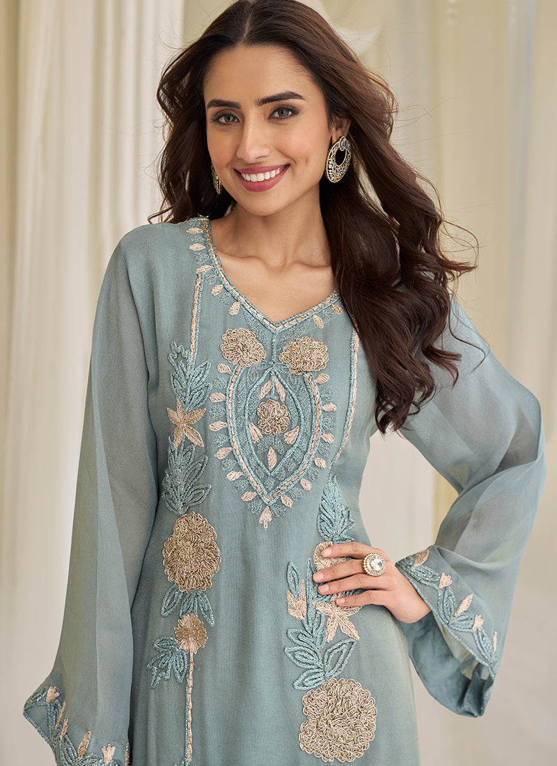 Light Blue Chinon Silk Embroidery Work Festival wear Salwar Suit