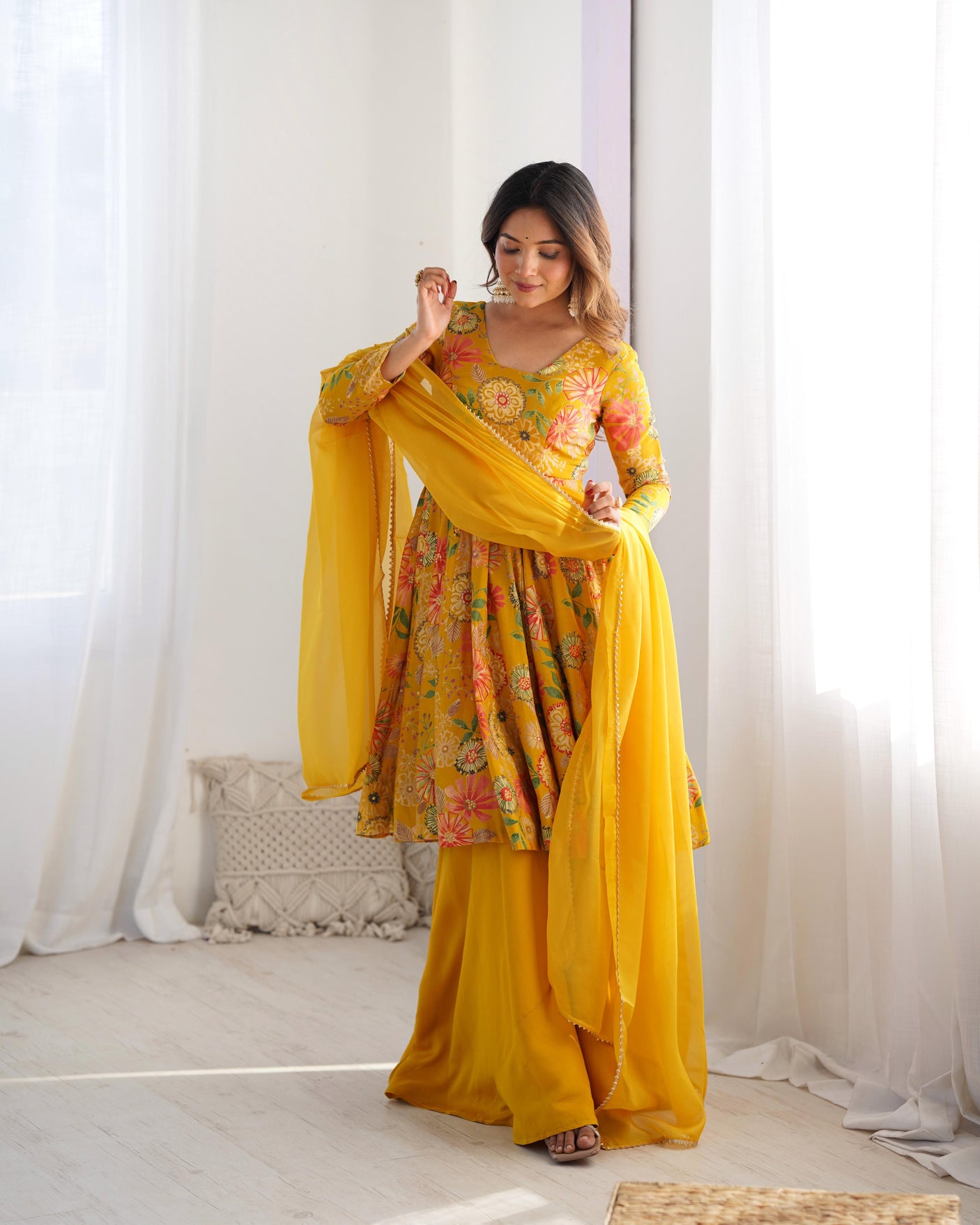 Yellow Silk Anarkali with Palazzo and Dupatta Set