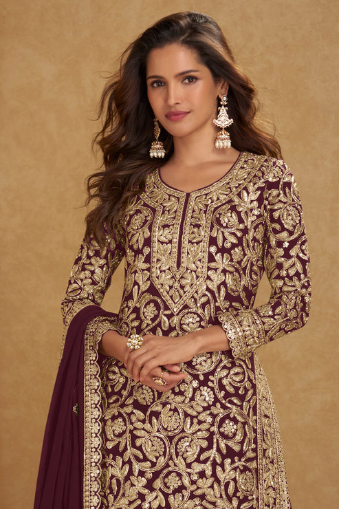 Wine Embroidered Georgette Suit