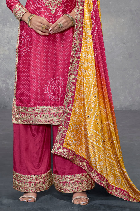 PInk Chinon Suit With Bandhej Print