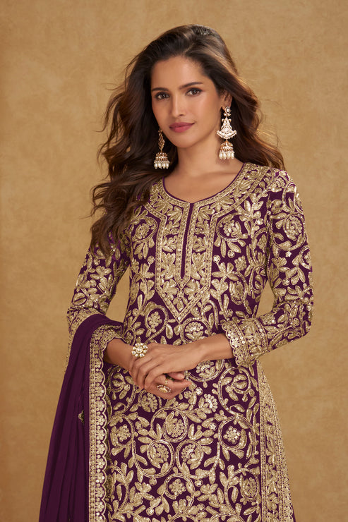 Purple Embroidered Georgette Suit