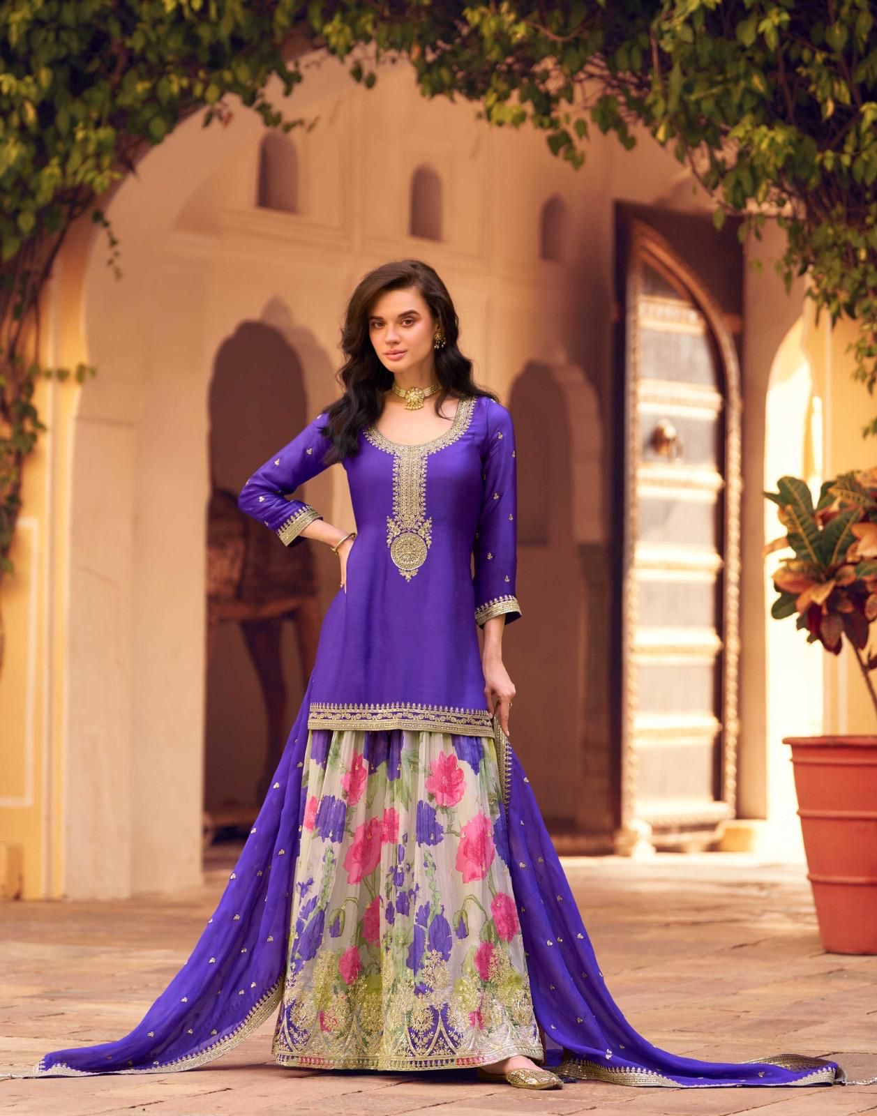 Amethyst Purple Chinon Silk Sharara Suit