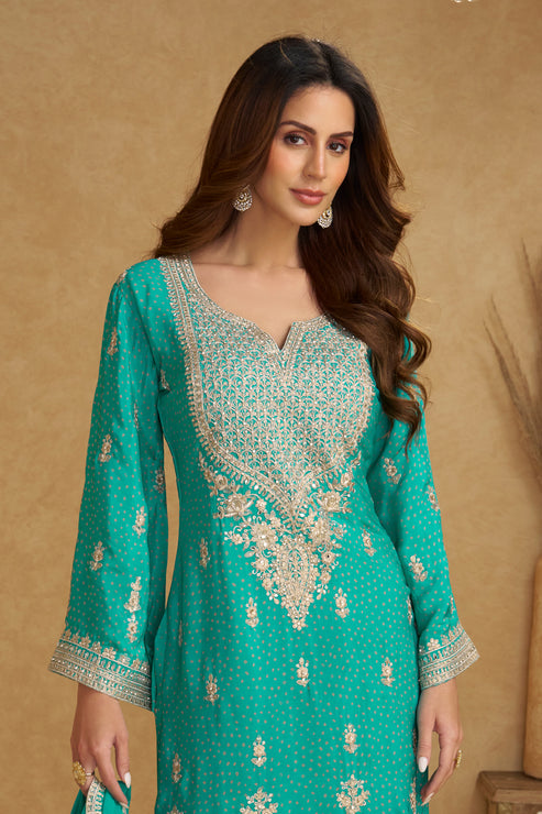 Green Embroidered Chinon Suit