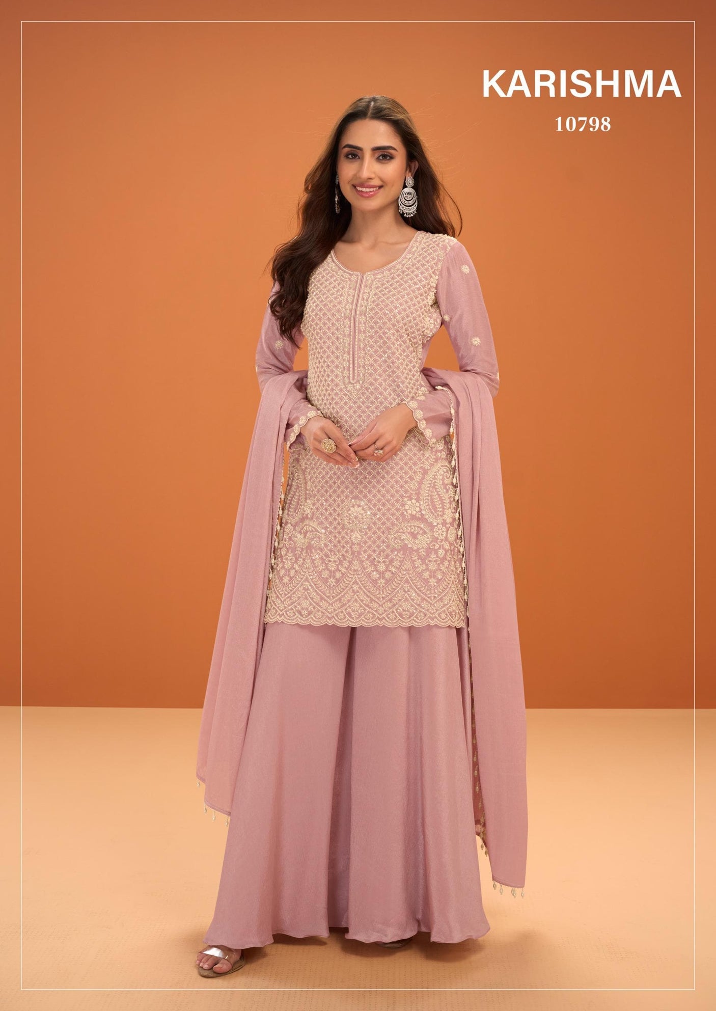 Dusty Pink Silk Cut-Dana And Resham Embroidered Suit With Palazzo