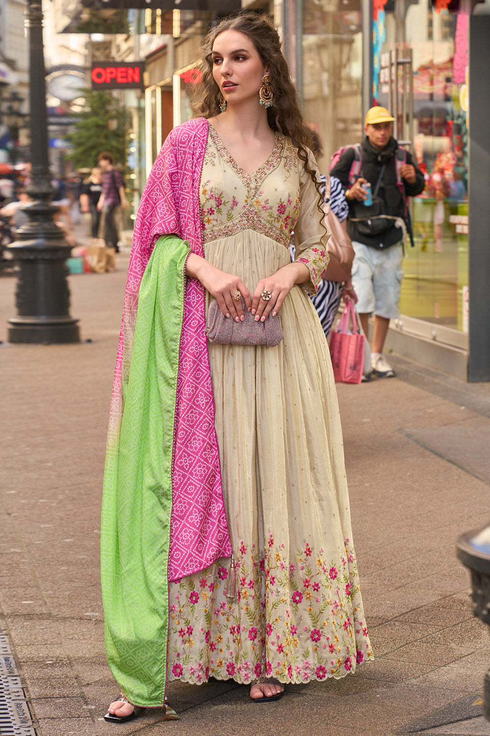 Ivory Tissue Silk Anarkali Dress with Pink & Green Bandhani Dupatta