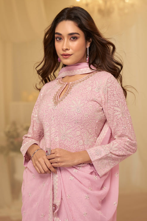 Pink Embroidered Georgette Sharara Suit