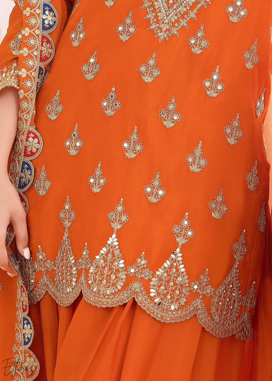 Orange Resham Embroidered Chinon Palazzo Suit