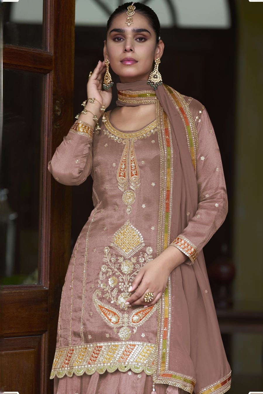 Dusty Rose Simmer Silk Kameez with Skirt Suit