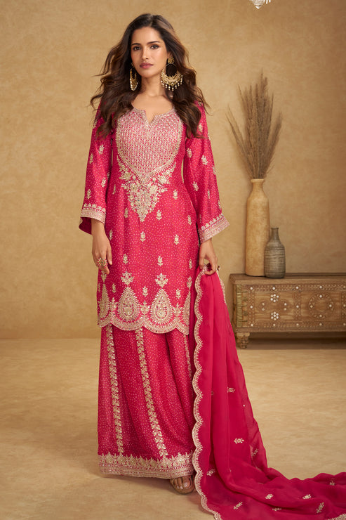 Pink Embroidered Chinon Suit
