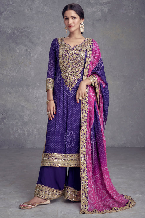 Blue Chinon Suit With Bandhej Print