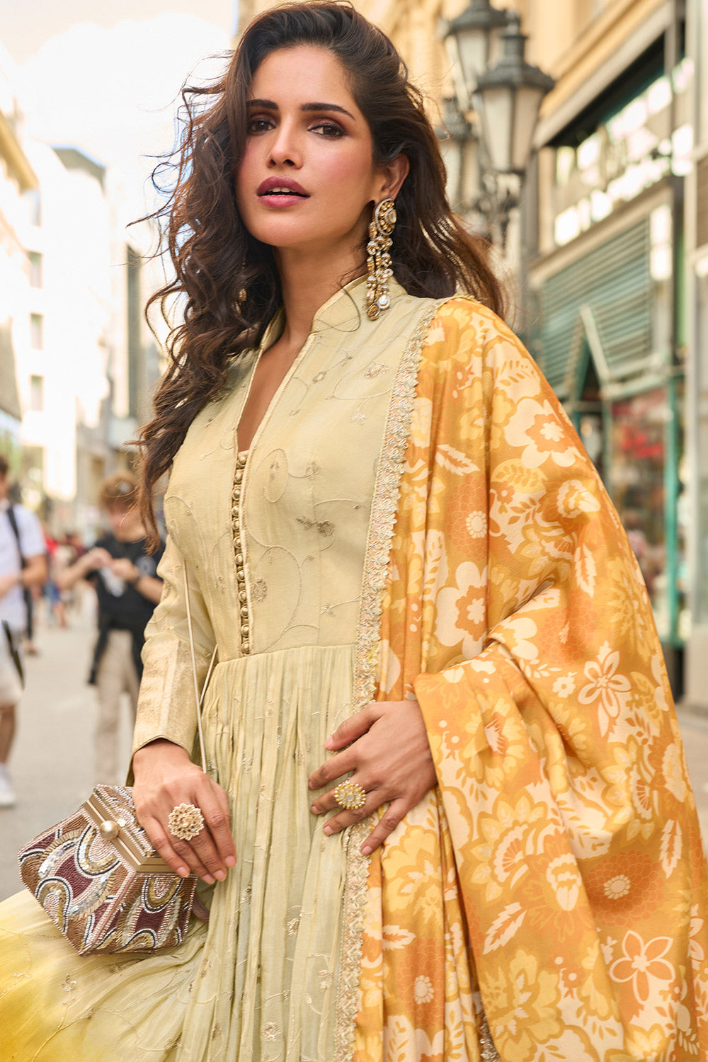 Deep Ivory & Yellow Mustard Ombre Tissue Silk Anarkali Dress with Yellow Floral Dupatta