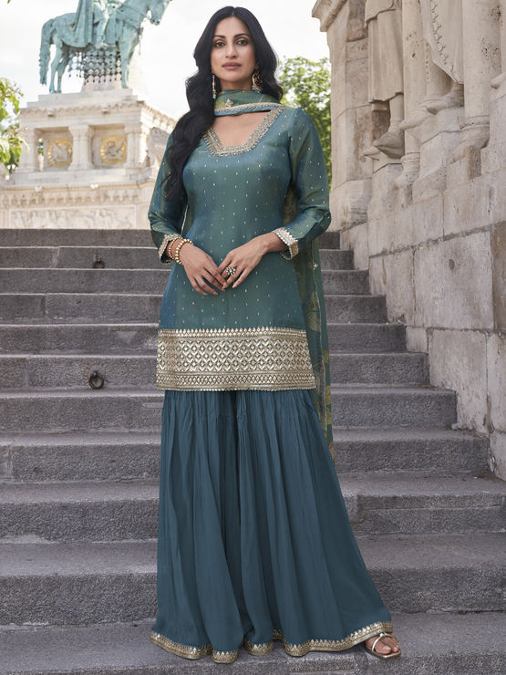 Silk Festive Salwar Kameez
in Blue with Embroidered work