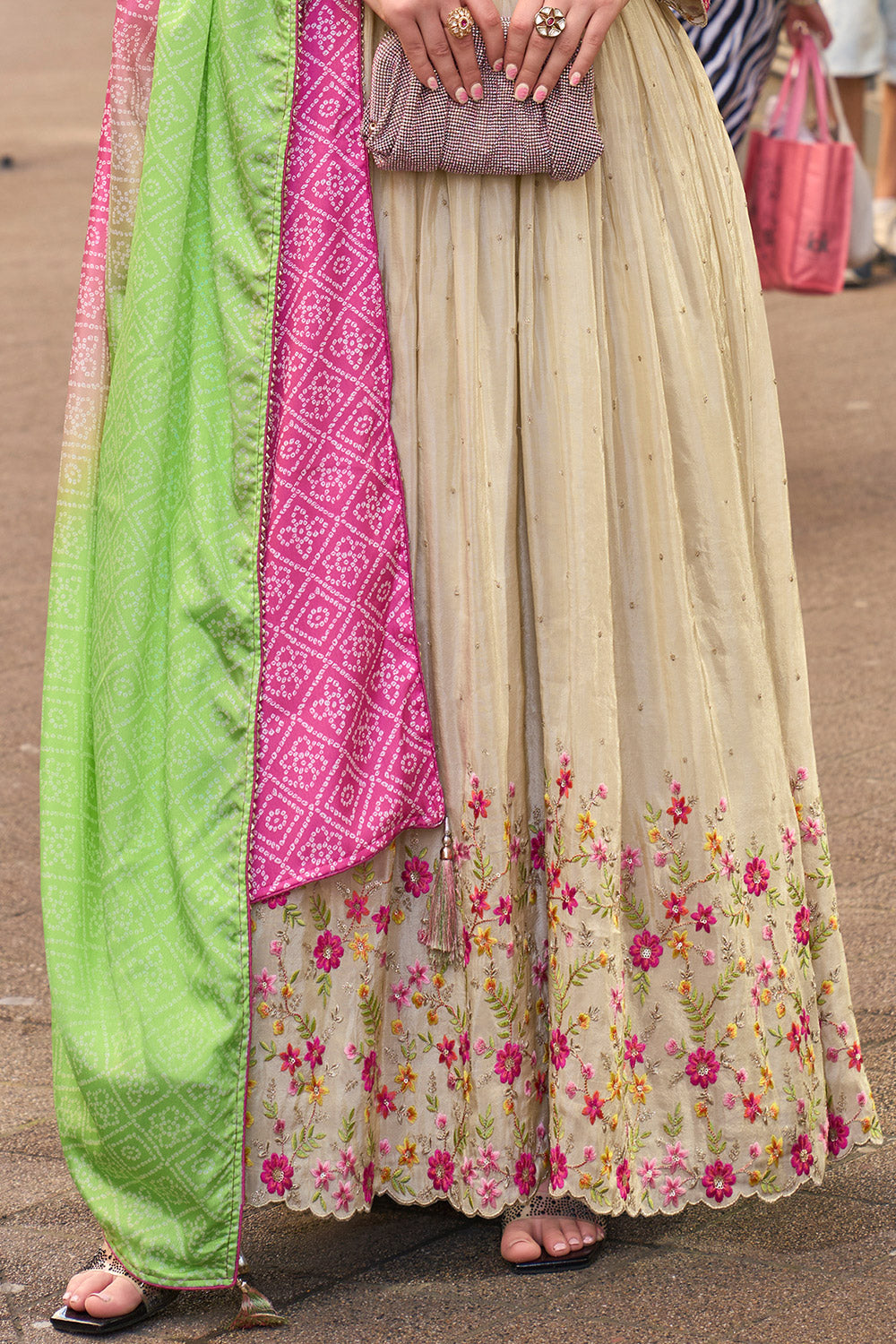 Ivory Tissue Silk Anarkali Dress with Pink & Green Bandhani Dupatta