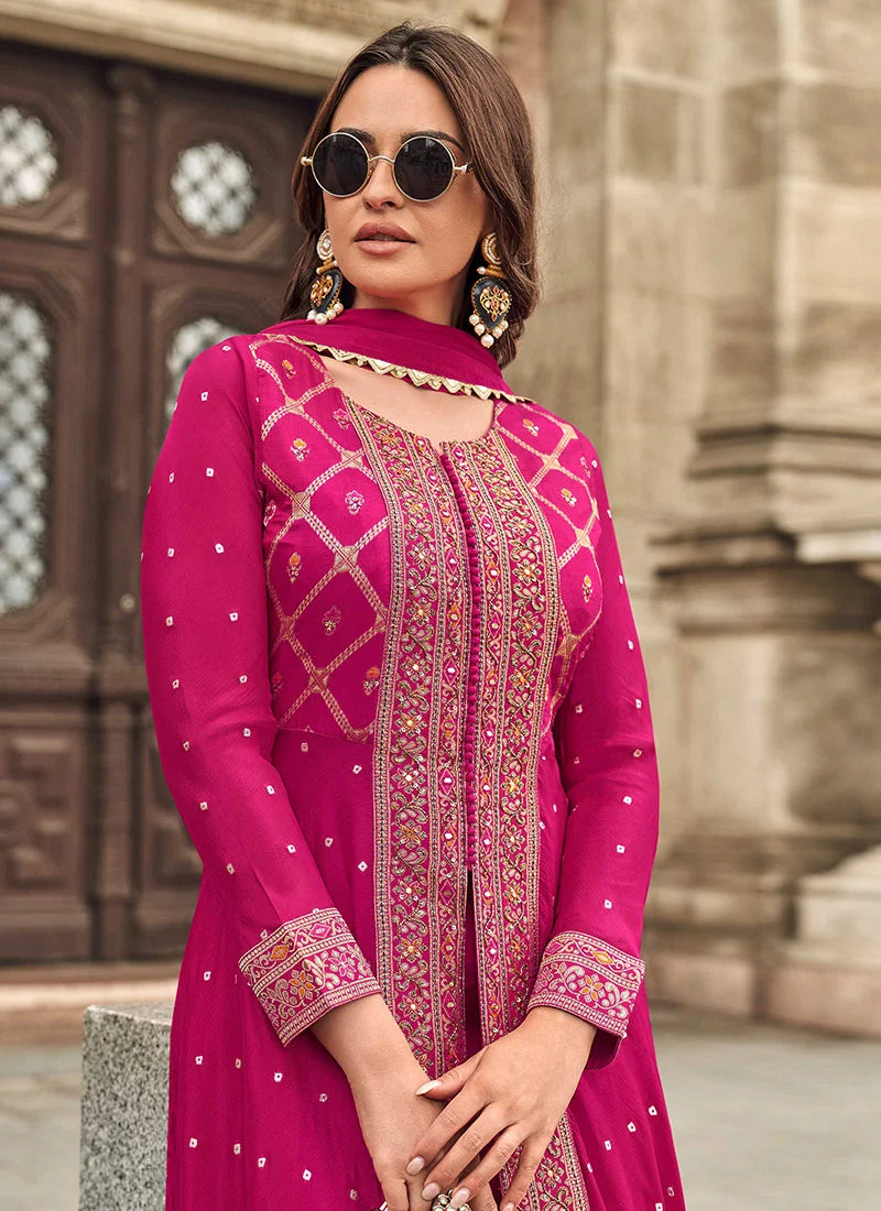 Pink Jacquard Silk Embroidered High Slit Palazzo Suit Wedding Wear