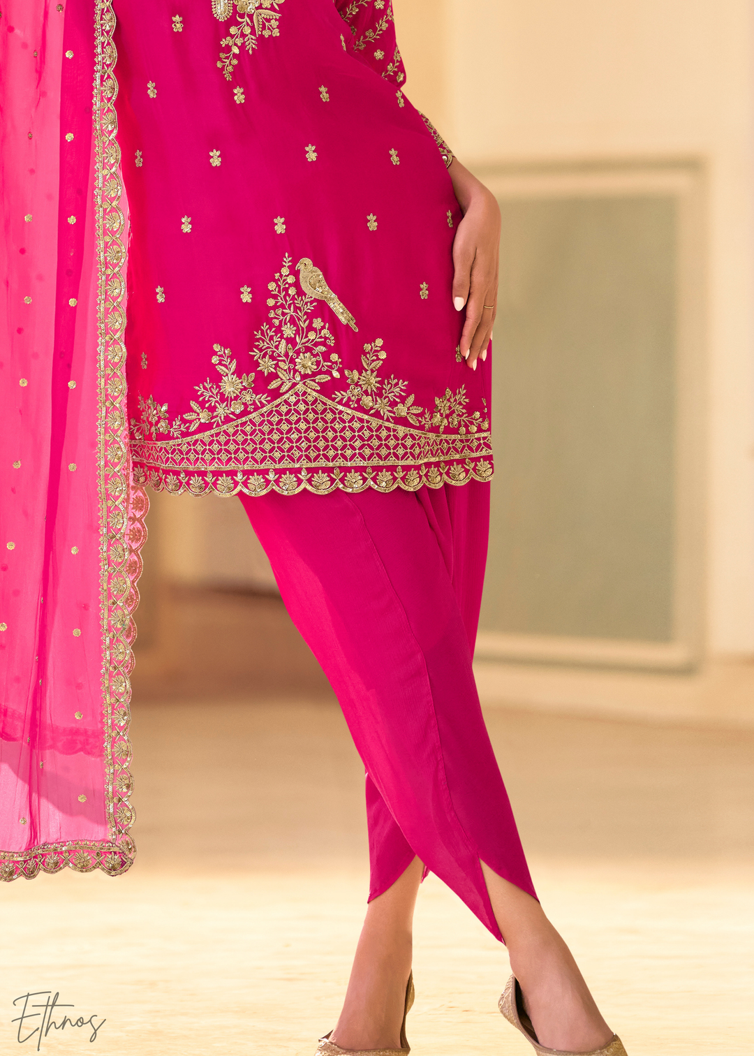 Hot Pink Crepe Silk Dhoti Suit