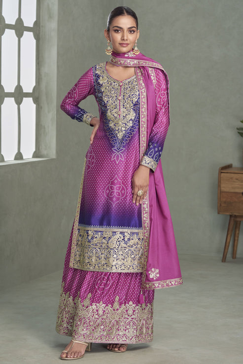 Purple Pink Embroidered Chinon Silk Suit