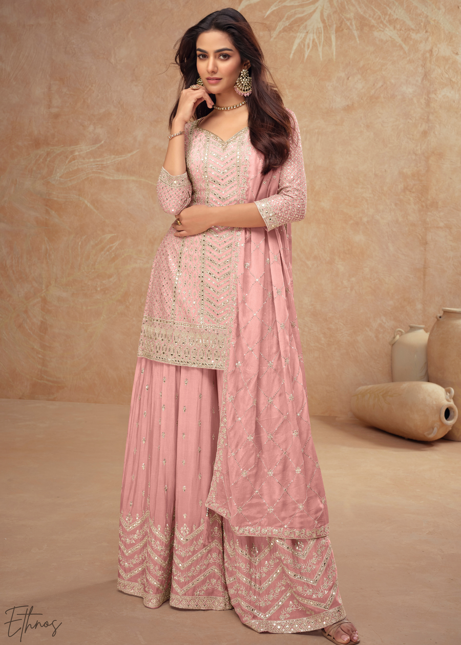 Dusty Rose Sequins Chinon Palazzo Suit