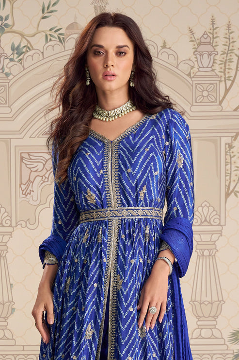 Blue Embroidered Chinon Silk Suit