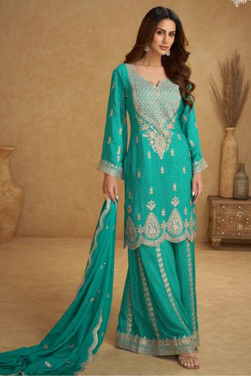 Green Embroidered Chinon Suit