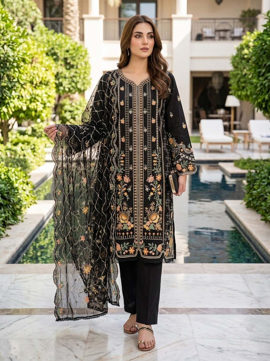 Bin Saeed Luxury Embroidered Lawn With Chiffon Dupatta